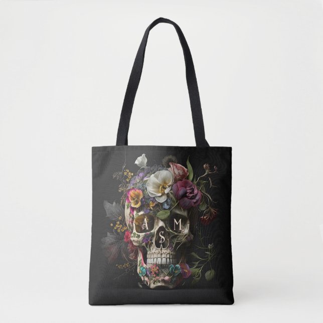 Floral Skull Goth Pagan Monogram Initials Tote Bag (Front)