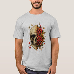 Floral Skull Gothic Art Vintage Skull with Red . T-Shirt