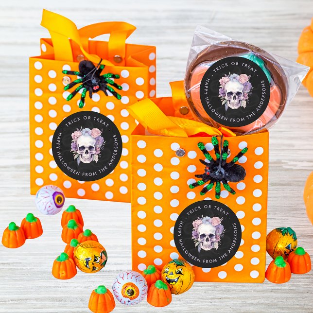  Floral & Skull Gothic Halloween Trick Or Treat  Classic Round Sticker (Creator Uploaded)