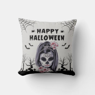 Floral Skull Halloween Decor Throw Pillow