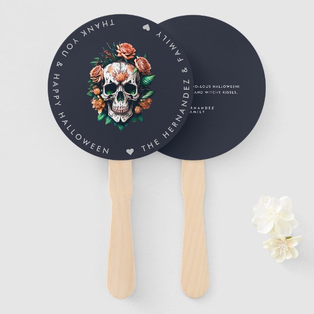 FLORAL SKULL Halloween Party Family Name Custom Hand Fan (Front and Back)