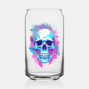 Floral Skull in Vaporwave Style Can Glass