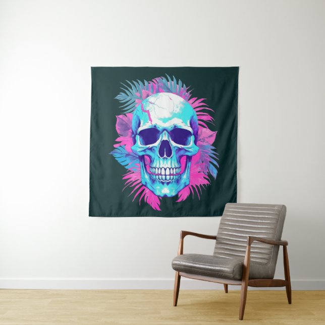 Floral Skull in Vaporwave Style Tapestry (In Situ)