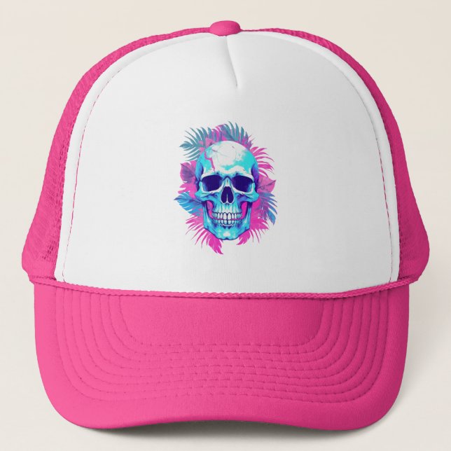 Floral Skull in Vaporwave Style Trucker Hat (Front)