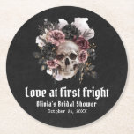 Floral Skull Love at first fright Bridal Shower Round Paper Coaster<br><div class="desc">The Floral Skull 'Love at First Fright' Bridal Shower Round Paper Coaster combines Gothic elegance with a hint of spooky charm, making it a perfect addition to your Halloween-themed bridal shower. These coasters feature a beautifully detailed floral skull design, surrounded by dark, romantic floral accents in rich hues like deep...</div>