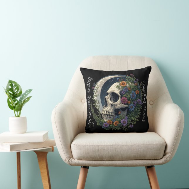 Floral Skull & Moon Celestial Gothic Art on Black Throw Pillow (Chair)