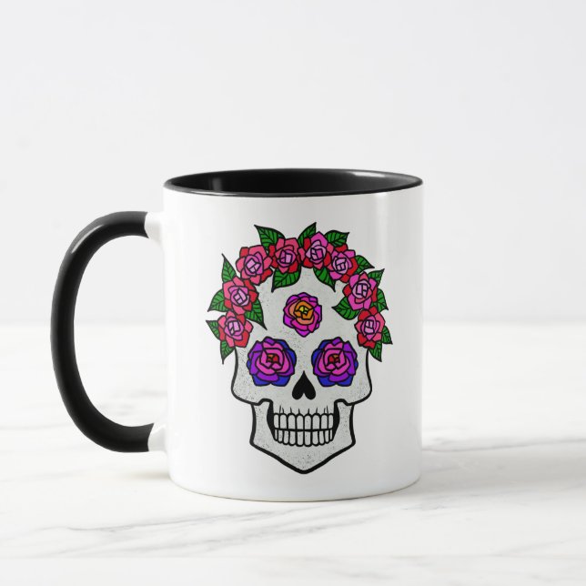 Floral Skull Roses Custom Name Halloween White Mug (Left)