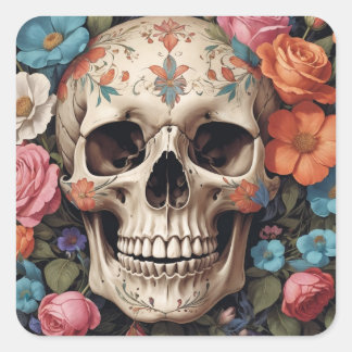 Floral skull square sticker