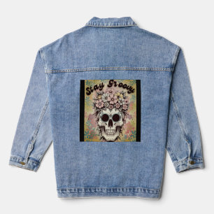 Floral Skull "Stay Groovy" Retro Customizable Back Denim Jacket
