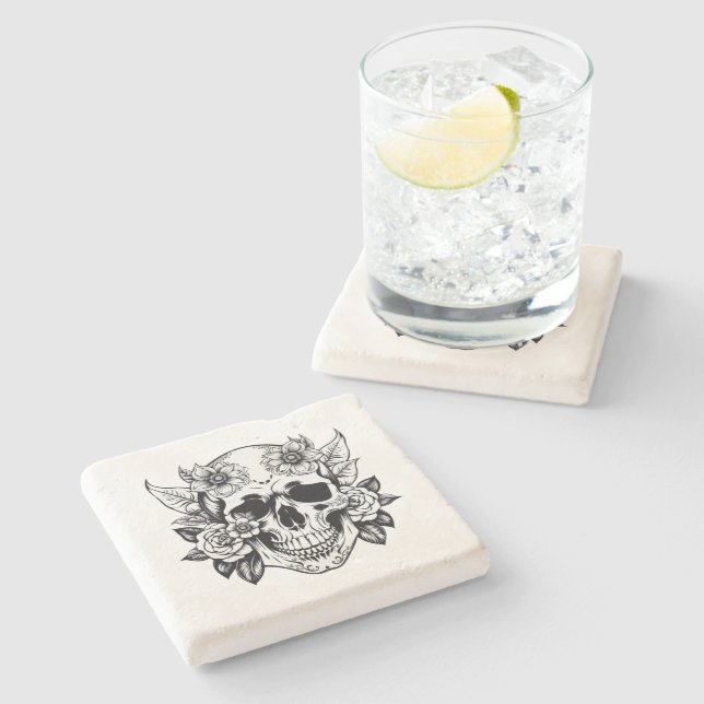 Floral Skull Stone Coaster (Side)
