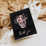 Floral Skull Thank You Card<br><div class="desc">A spooky chic thank you card design featuring a floral skull illustration topped with pink and purple watercolor flowers on a smoky black background. Personalize with a line of custom text on the front, and add a pre-printed message to the inside if desired.</div>