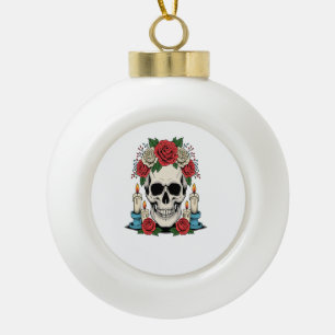 Floral Skull with Candles Halloween Ceramic Ball Christmas Ornament