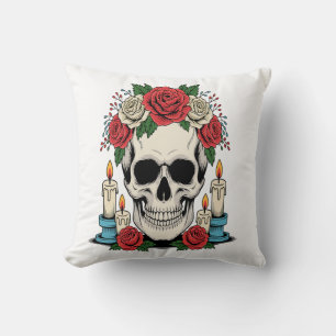 Floral Skull with Candles Halloween Throw Pillow