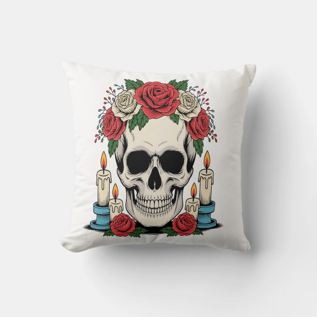 Floral Skull with Candles Halloween Throw Pillow (Front)