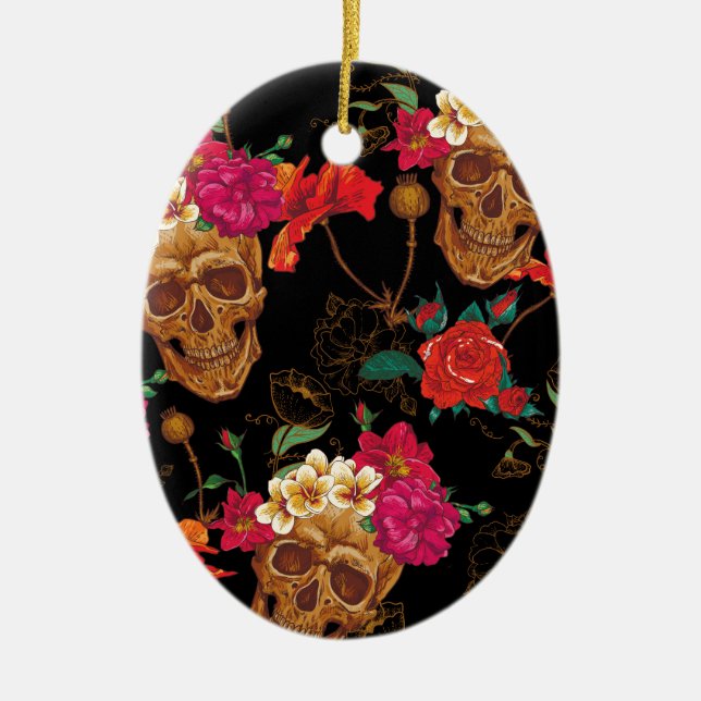 floral Skulls Ceramic Ornament (Front)