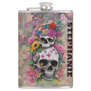 Floral Skulls Leopard Print Customizable Name Hip Flask