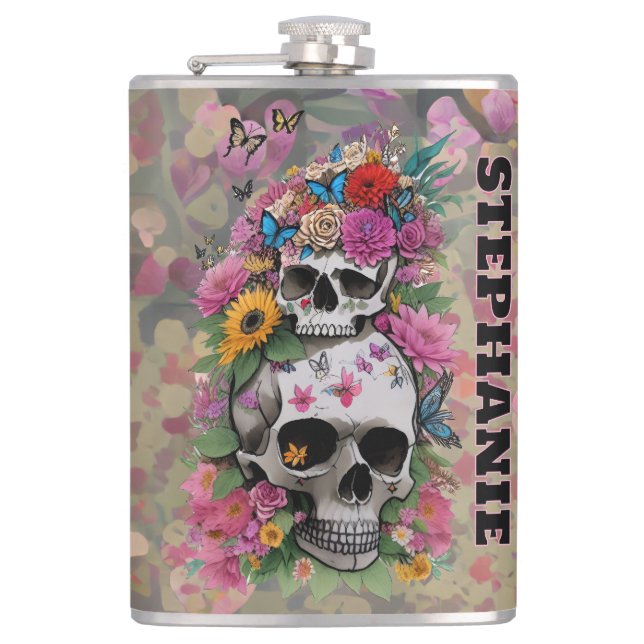 Floral Skulls Leopard Print Customizable Name Hip Flask (Front)
