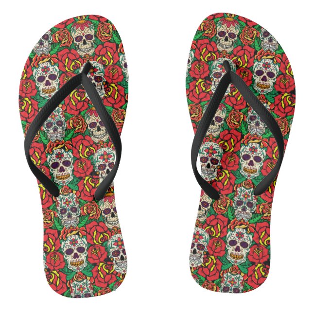 Floral Skulls Pattern Flip Flops (Footbed)