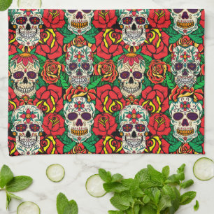 Floral Skulls Pattern Kitchen Towel