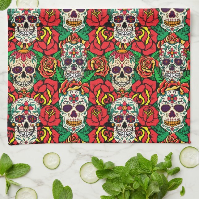 Floral Skulls Pattern Kitchen Towel (Folded)