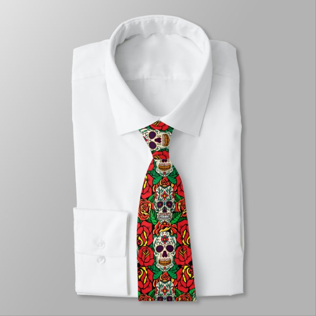 Floral Skulls Pattern Tie (Tied)