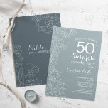 Floral Slate Blue Surprise 50th Birthday Party Invitation<br><div class="desc">Simple navy grey surprise 50th birthday party invitation. Minimalist modern design in slate dusty blue featuring botanical accents and typography script font. Steel blue and white feminine floral invite card perfect for a stylish womens surprise bday celebration. Can be customized to any age.</div>
