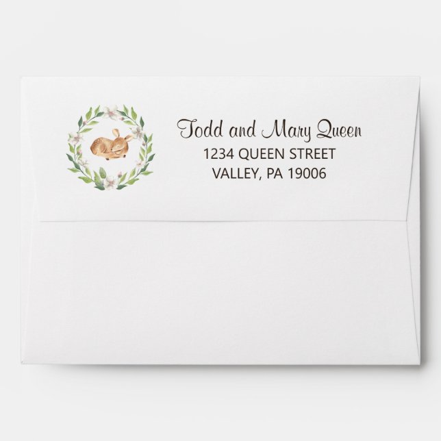 Floral Sleeping Deer Boy Baby Invitation Envelope (Back (Top Flap))
