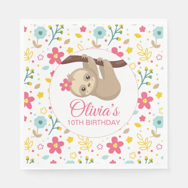 Floral Sloth Birthday Party Napkins (Front)