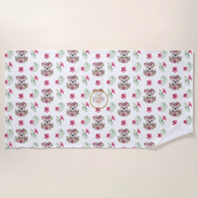 Floral SLOTH Monogram Pattern Girls Nursery Room Beach Towel (Front)