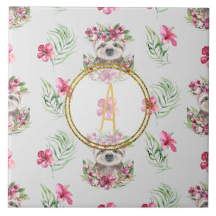 Floral SLOTH Monogram Pattern Girls Nursery Room Tile