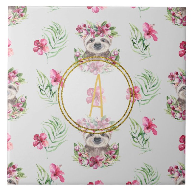 Floral SLOTH Monogram Pattern Girls Nursery Room Tile (Front)