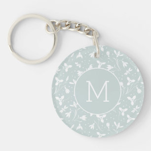 Floral Snowdrop Pattern Monogram. Pastel Green Keychain