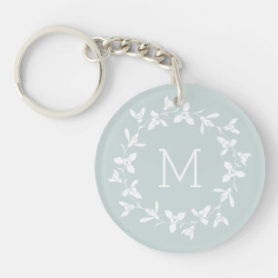 Floral Snowdrop Wreath with Monogram. Pastel Green Keychain