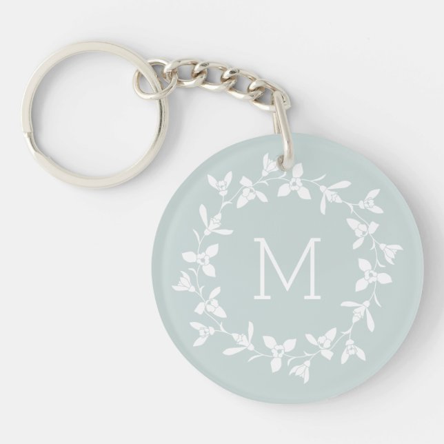 Floral Snowdrop Wreath with Monogram. Pastel Green Keychain (Front)