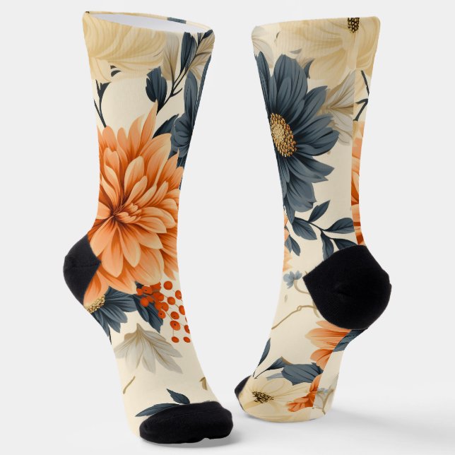 Floral socks with a black toe and heel  (Angled)