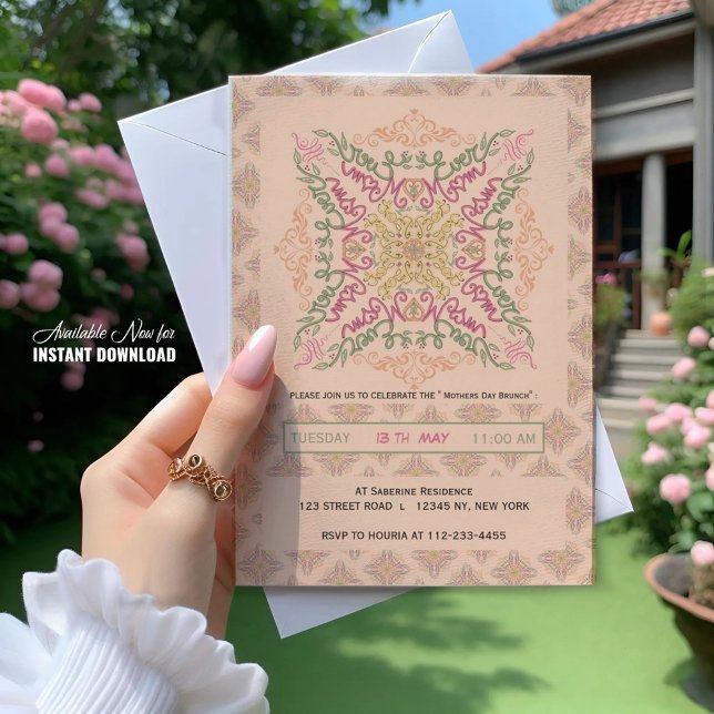 Floral Soft peach kaleidoscopic Script Best Mom  Invitation (Creator Uploaded)