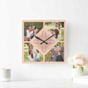 Floral Soft peach kaleidoscopic Script Best Mom  Square Wall Clock