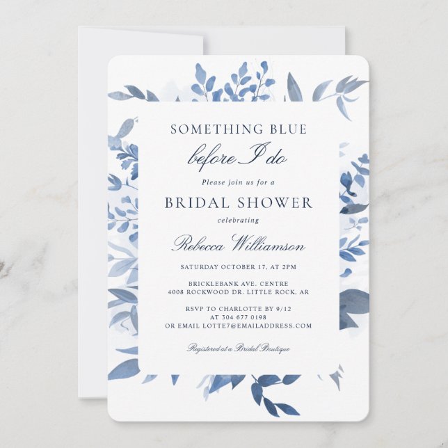 Floral Something Blue Watercolor Bridal Shower Invitation (Front)