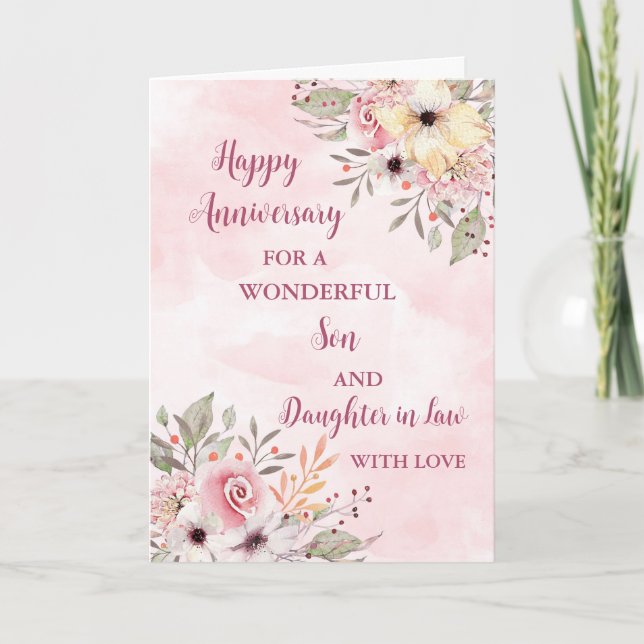 Floral Son & Daughter in Law Wedding Anniversary Card (Front)