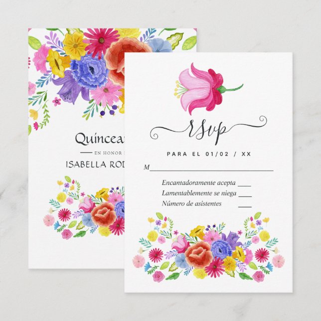 Floral Spanish Fiesta Quinceañera RSVP Card (Front/Back)