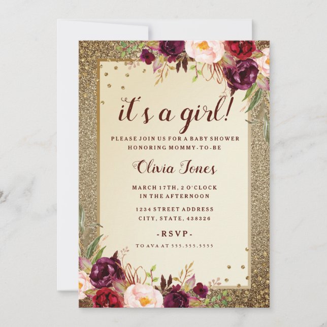 Floral Sparkle Bourgogne Baby shower or Invitation (Devant)