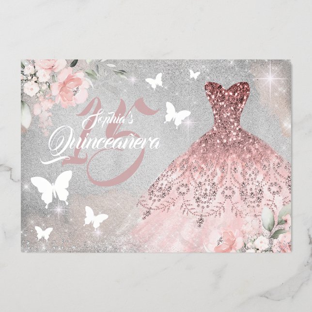 Floral Sparkle Dress Butterfly Pink Quinceanera (Front)