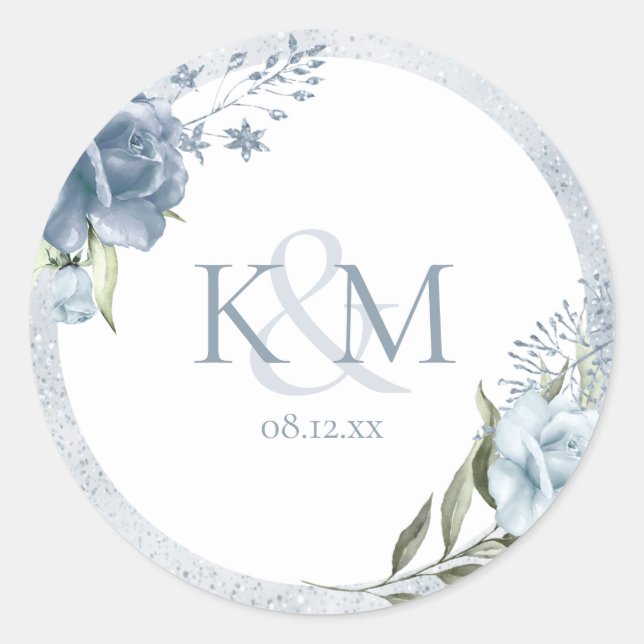 Floral Sparkle Wedding Initials Dusty Blue ID889 Classic Round Sticker (Front)