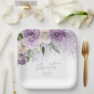 Floral Sparkles Sweet Sixteen Mauve ID912 Paper Plate