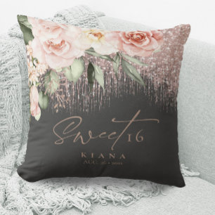 Floral Sparkles Sweet Sixteen Rose Gold/Blk ID912 Throw Pillow
