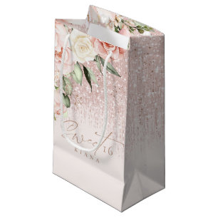 Floral Sparkles Sweet Sixteen Rose Gold ID912 Small Gift Bag