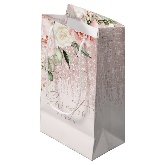 Floral Sparkles Sweet Sixteen Rose Gold ID912 Small Gift Bag (Front Angled)