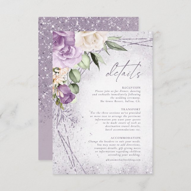 Floral Sparkles Wedding Details Mauve ID889 Enclosure Card (Front/Back)