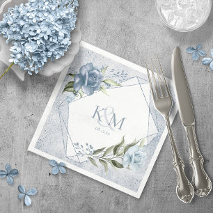 Floral Sparkles Wedding Initials Dusty Blue ID889 Napkin