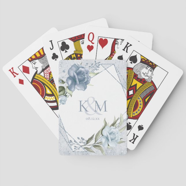 Floral Sparkles Wedding Initials Dusty Blue ID889 Playing Cards (Back)